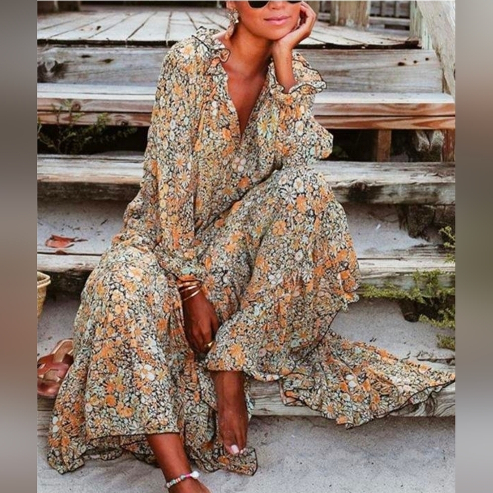Free People Floral Long Sleeve Dress in Yellow and Black - Picture 4 of 10